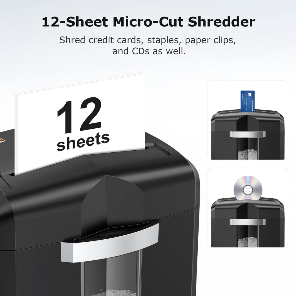 Bonsaii 12-Sheet Micro Cut Paper Shredder, Heavy Duty Shredder for Home Office Runs for 60 Mins, Shredders with 4 Casters & 16 Litres Pullout Bin, Shreds CD, Card, Mail, Staple and Clips(C266-B)