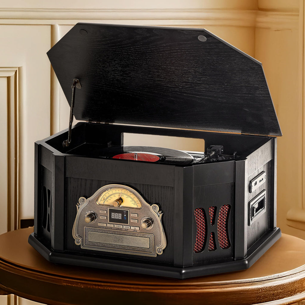 Record Player 10-in-1 Vinyl Turntable CD USB SD Bluetooth FM/AM Remote – Black