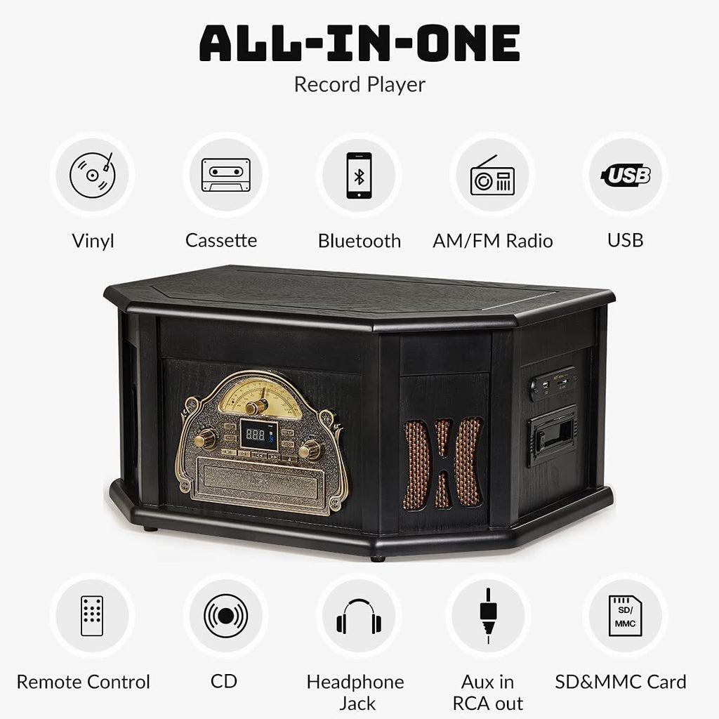 Record Player 10-in-1 Vinyl Turntable CD USB SD Bluetooth FM/AM Remote – Black