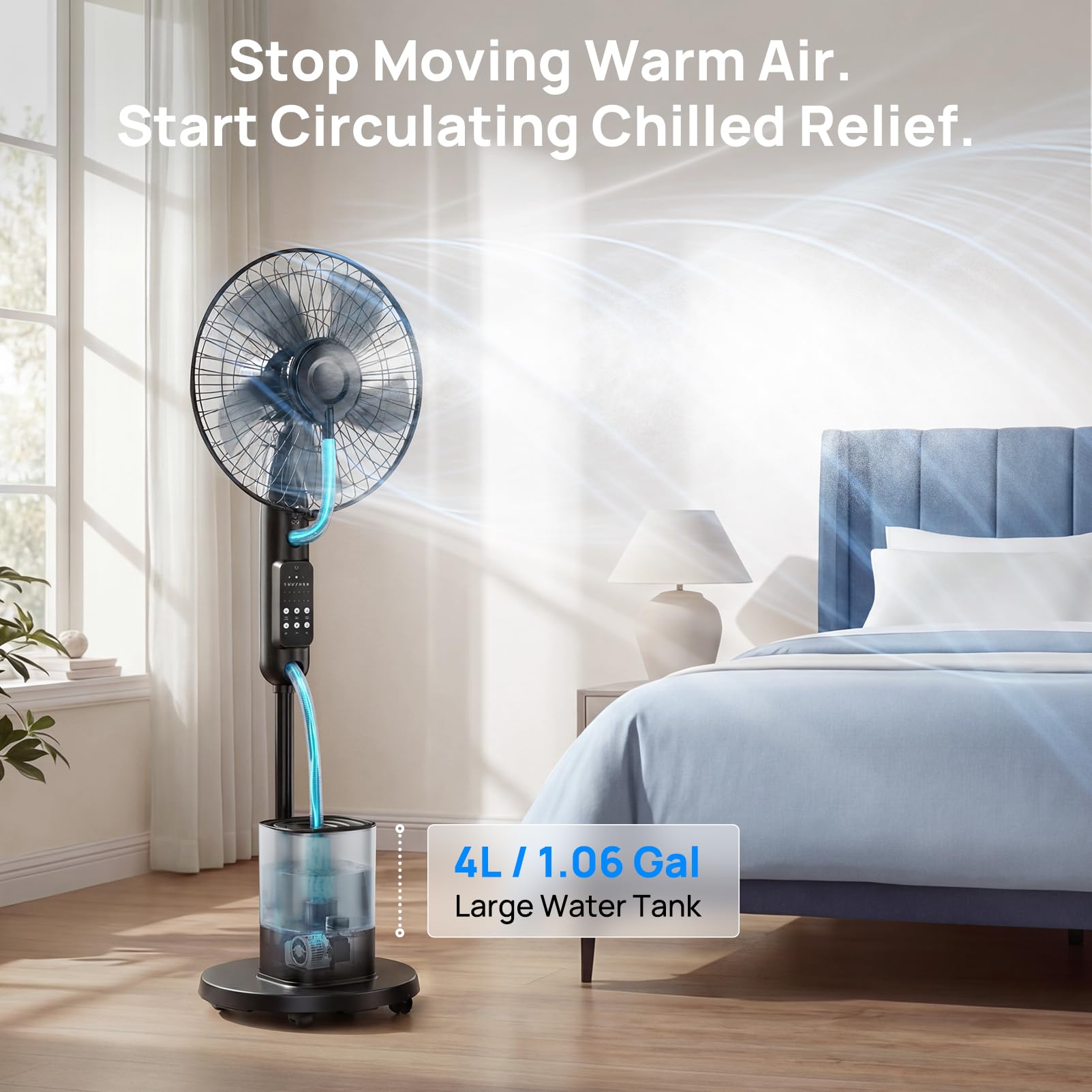 Misting Pedestal Fan 4L Tank 5-Speed 3-Mode Oscillating with Remote – Black