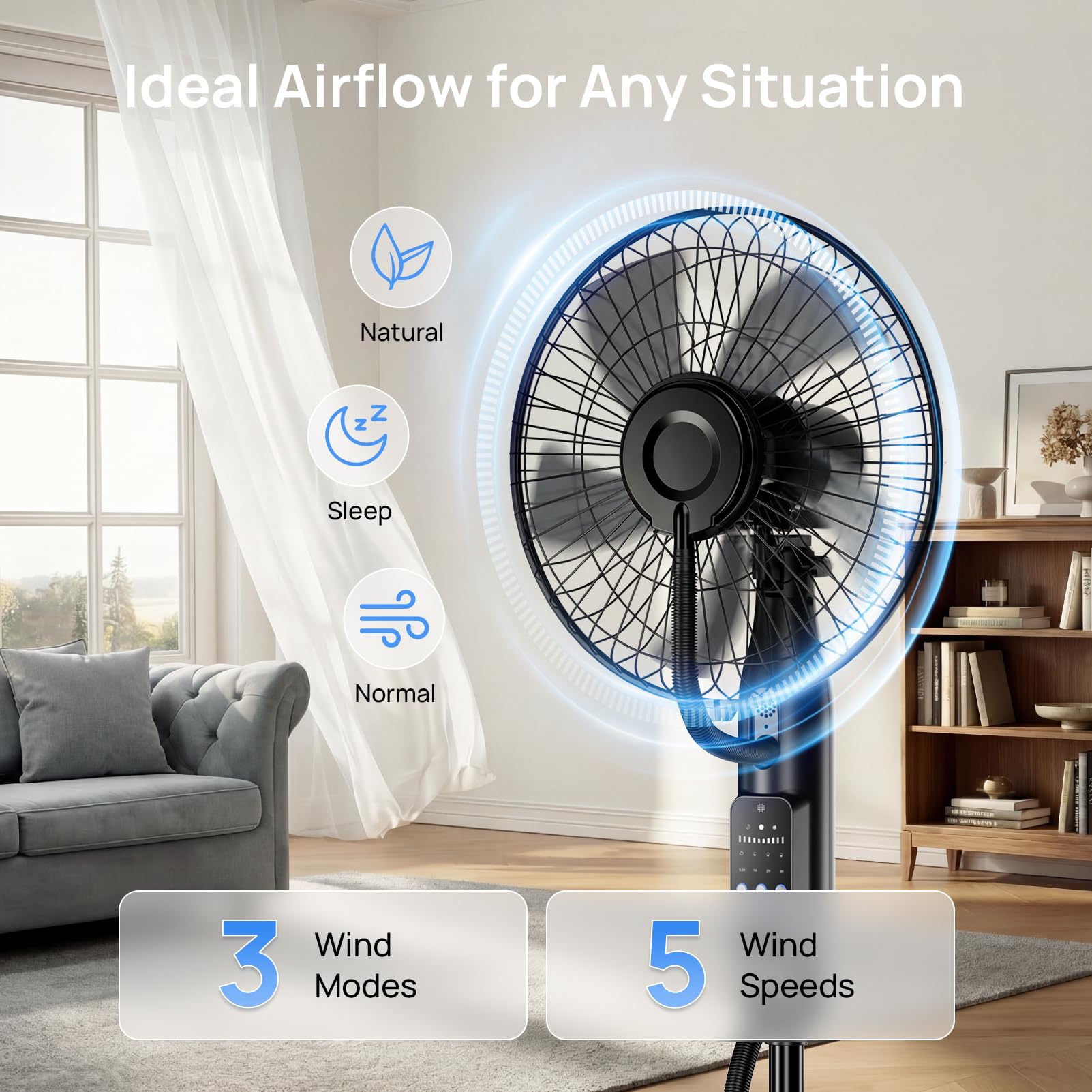 Misting Pedestal Fan 4L Tank 5-Speed 3-Mode Oscillating with Remote – Black