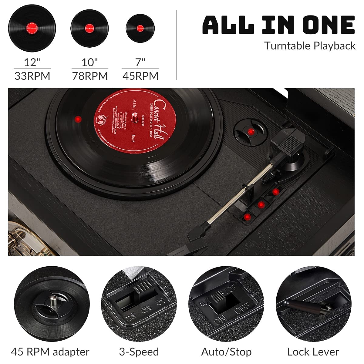 Record Player 10-in-1 Vinyl Turntable CD USB SD Bluetooth FM/AM Remote – Black